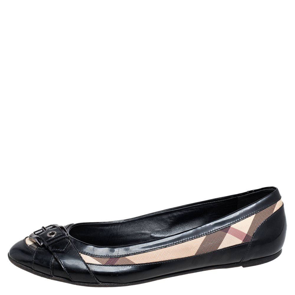 

Burberry Black and Nova Chek Coated Canvas and Patent Leather Flats Size