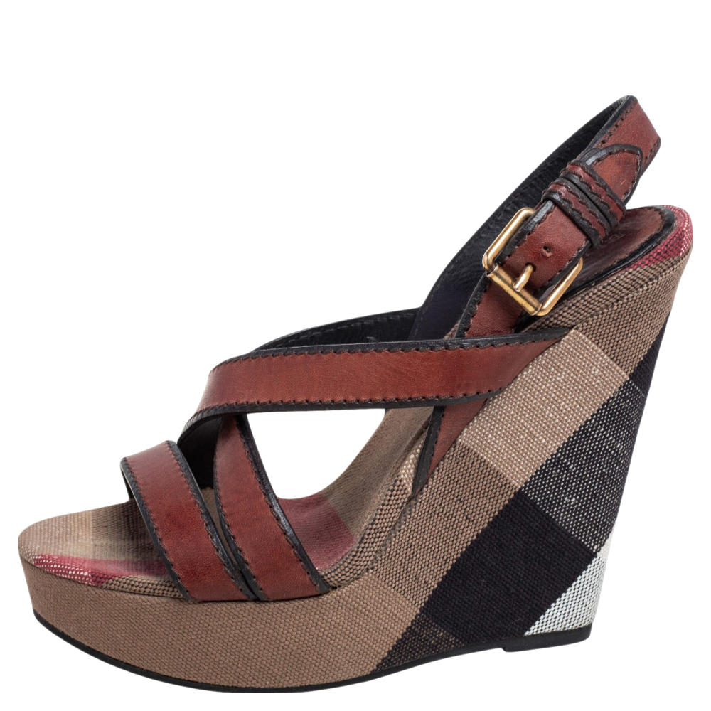 

Burberry Brown Leather and Nova Check Canvas Warlow Platform Wedge Sandals Size