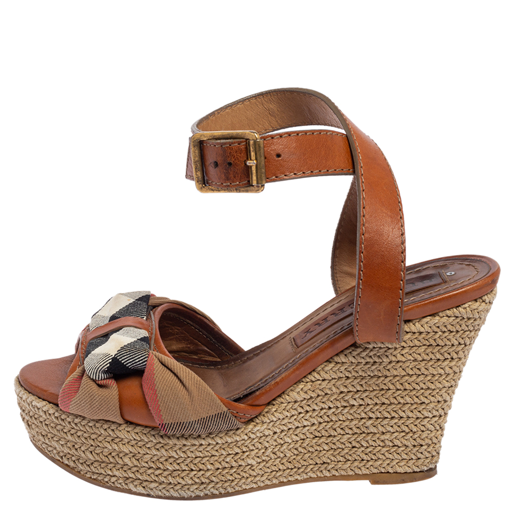 

Burberry Brown Leather And Canvas Espadrille Ankle Wrap Wedge Platform Sandals Size