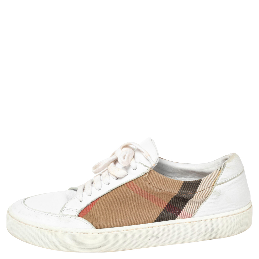 

Burberry White Leather And House Check Canvas Low Top Sneakers Size