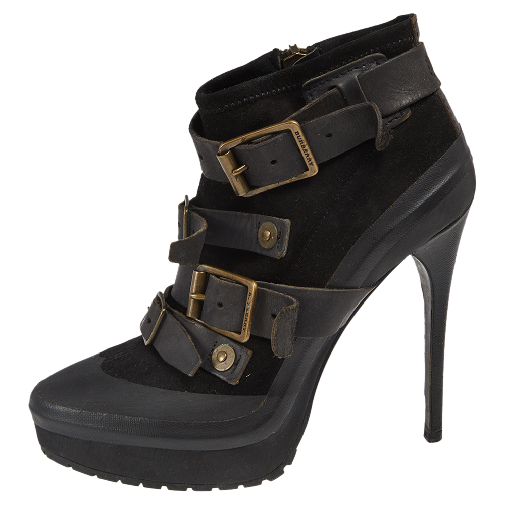 

Burberry Black Leather and Suede Buckle Detail Ankle Boots Size