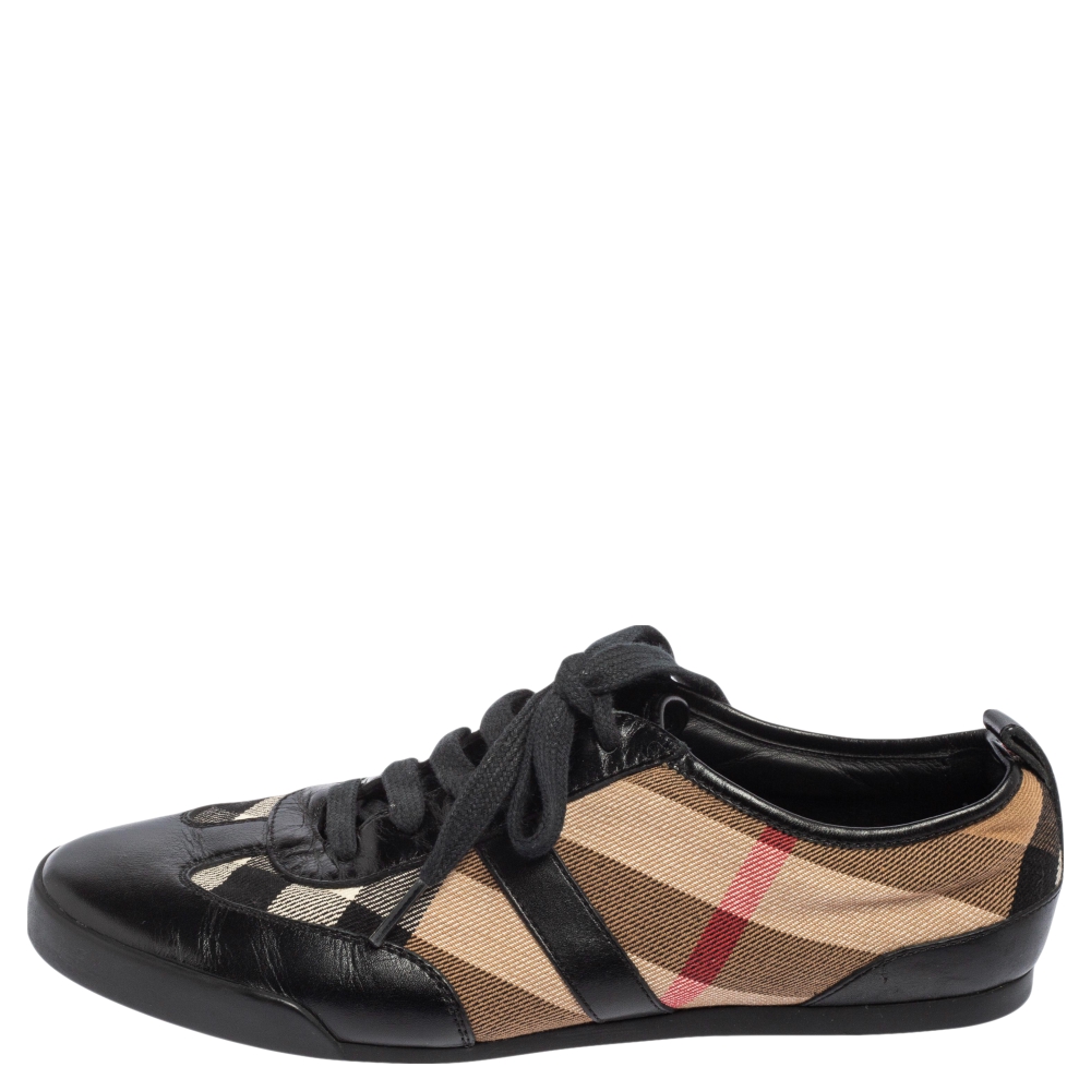 

Burberry Black Leather And Nova Check Canvas Lace Up Sneakers Size