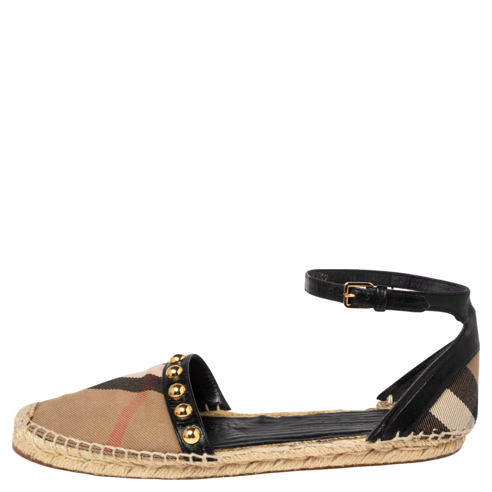 

Burberry Black Leather And Nova Check Canvas Abbingdon Studded Espadrille Flats Size, Beige