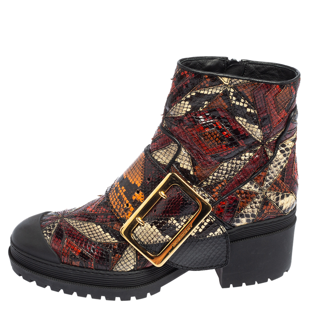 

Burberry Multicolor Python Embossed Leather Buckle Detail Combat Boots Size