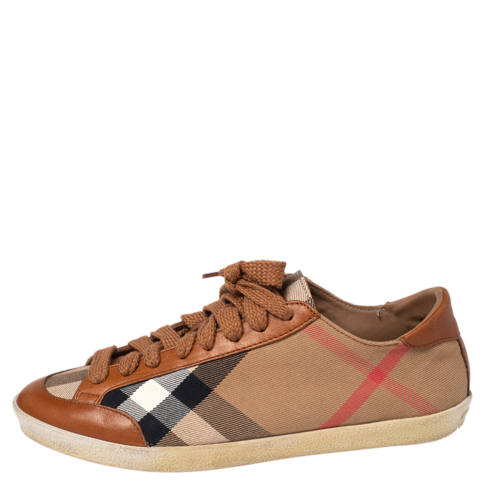 

Burberry Brown Nova Check Canvas And Leather Low Top Sneakers Size