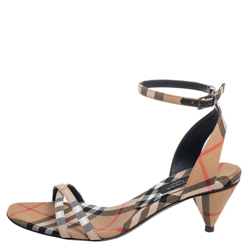 

Burberry Beige Novacheck Fabric Hansel Cross Strap Cone Heel Sandals Size