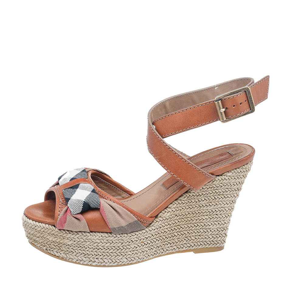 

Burberry Brown Leather And Canvas Espadrille Ankle Wrap Wedge Platform Sandals Size