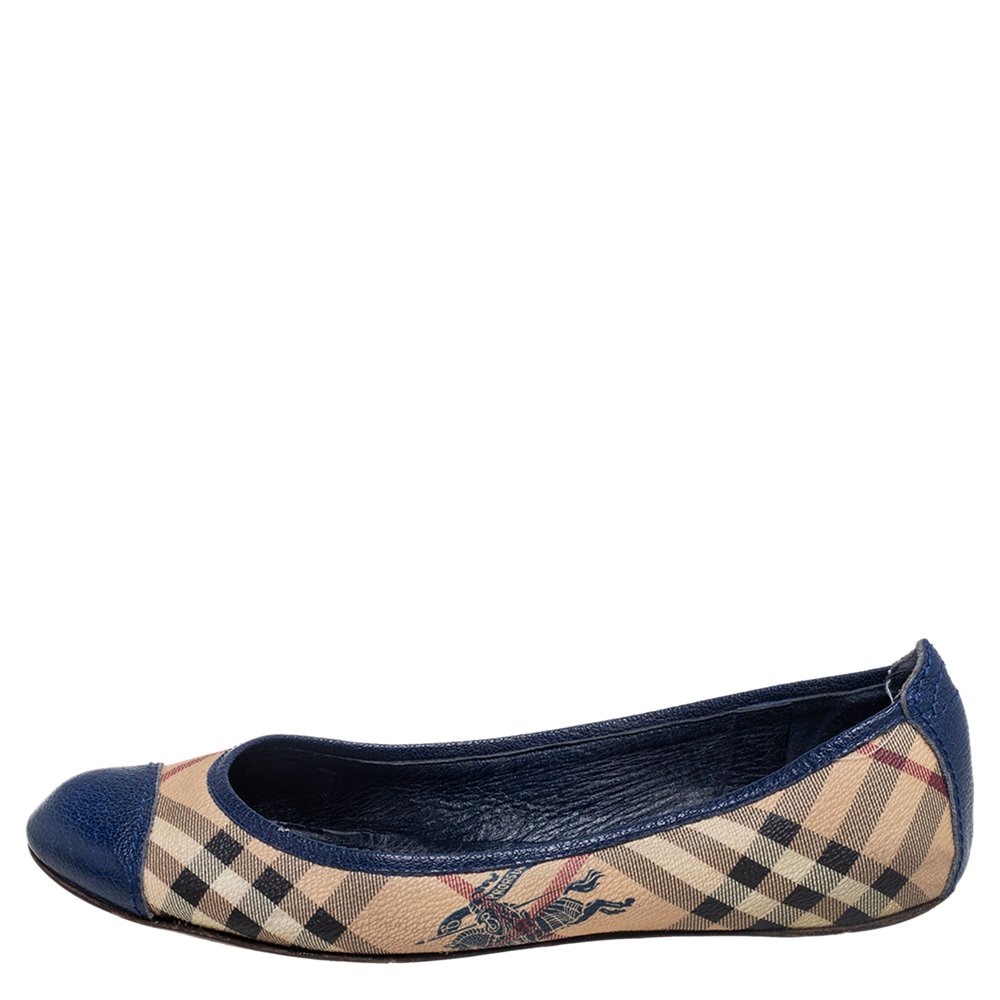 

Burberry Blue/Beige Leather And Canvas House Check Cap Toe Ballet Flats Size