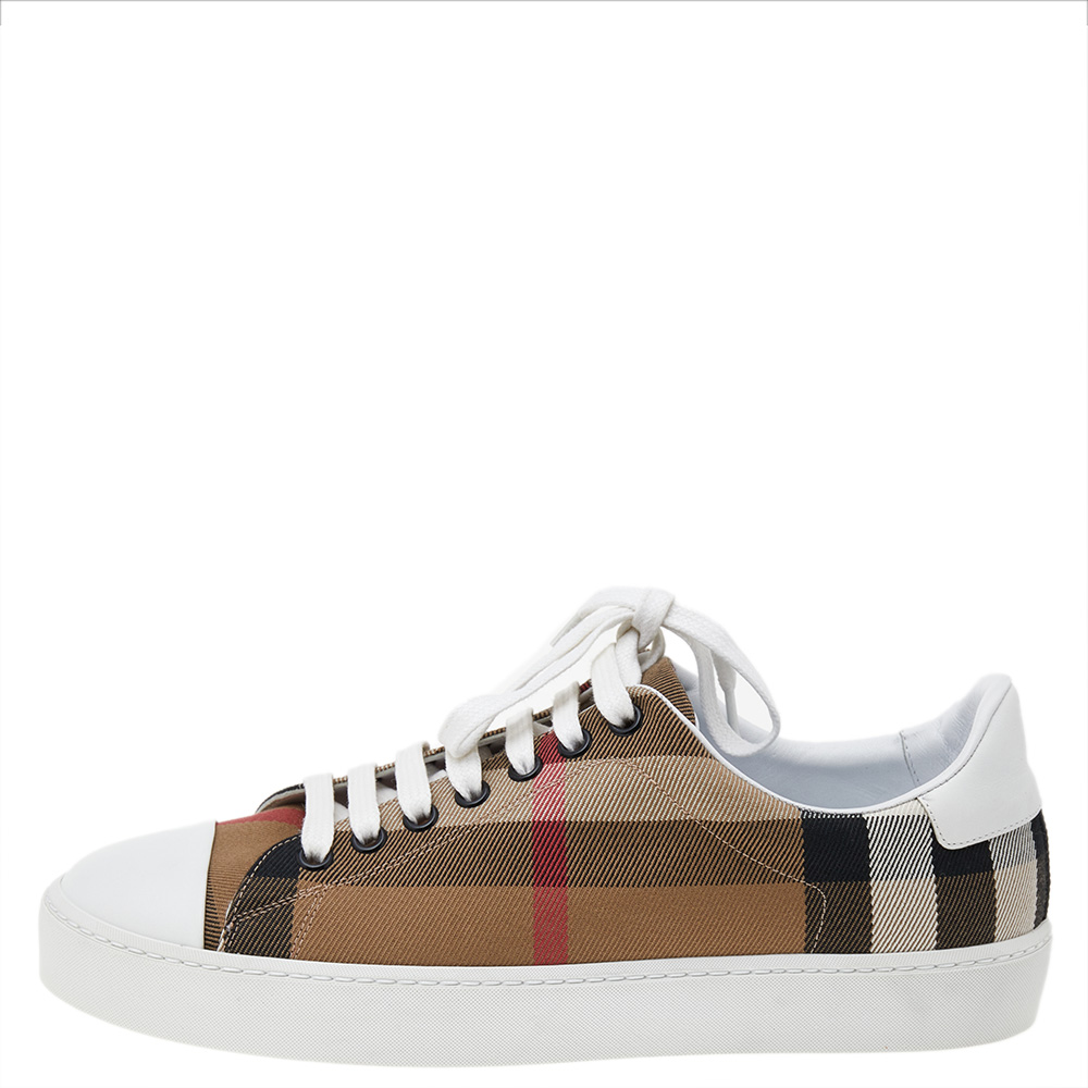 

Burberry White/Beige Nova Check Canvas And Leather Cap Toe Sneakers Size