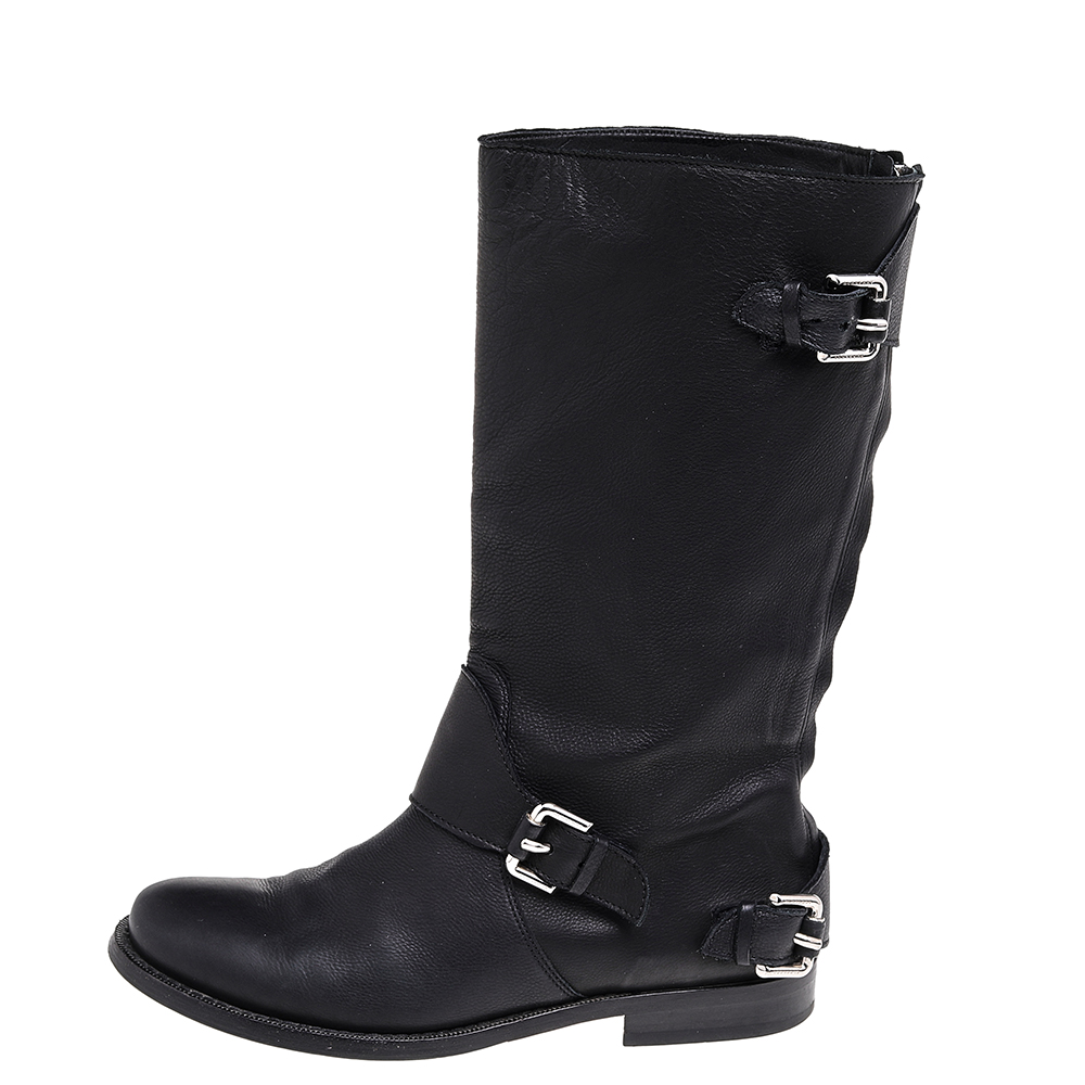 

Burberry Black Leather Buckle Detail Mid Calf Boots Size