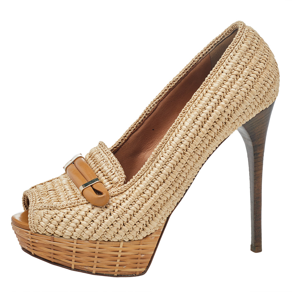 

Burberry Beige Raffia And Leather Platform Peep Toe Pumps Size