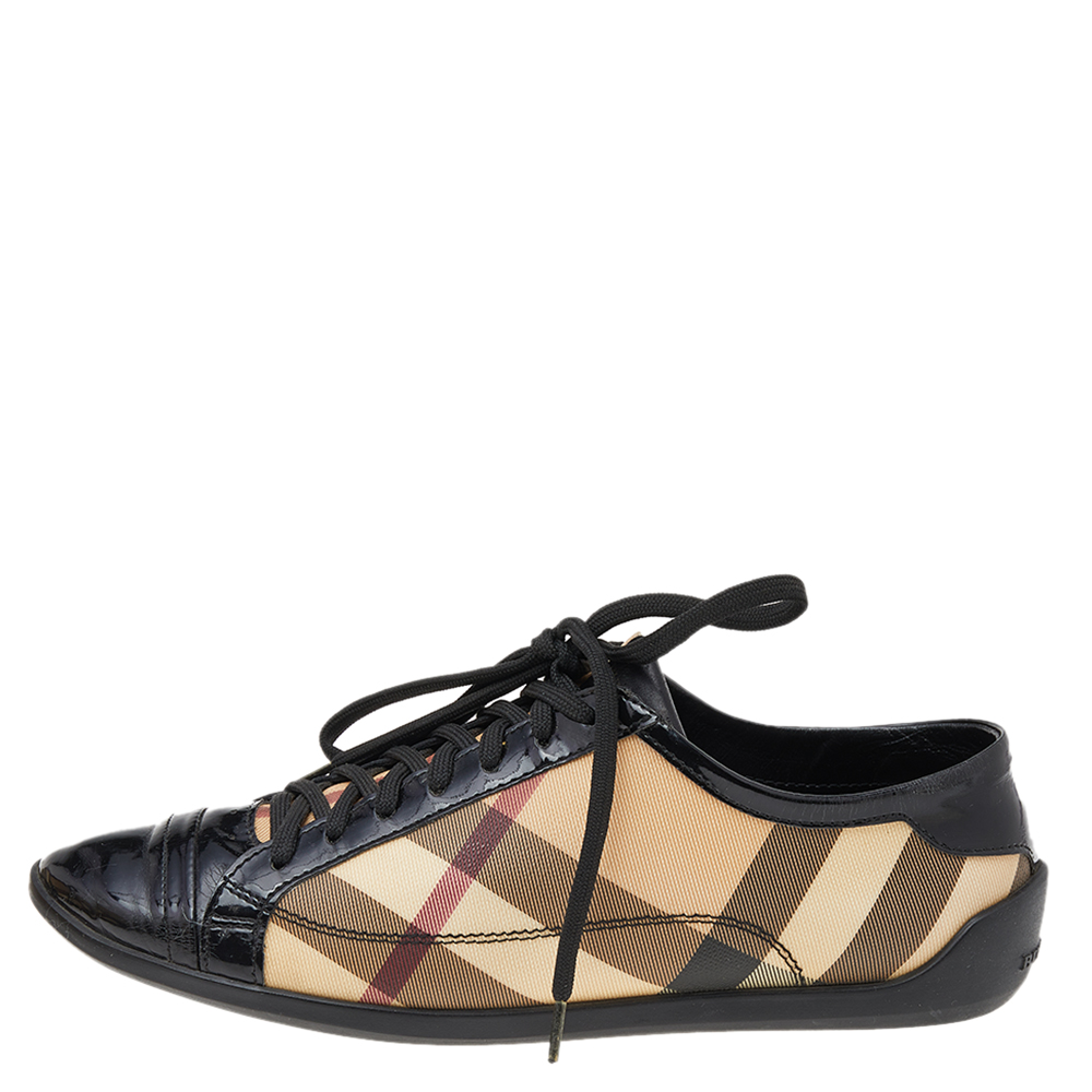 

Burberry Beige/Black Novacheck Canvas And Patent Leather Cap Toe Low Top Sneakers Size