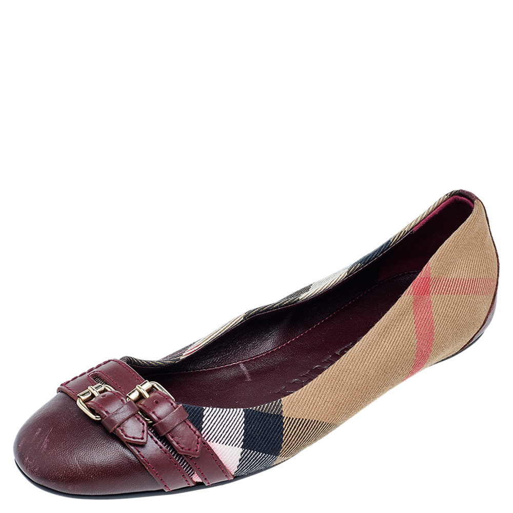 

Burberry Beige/Burgundy Nova Check Canvas And Leather Ballet Flats Size