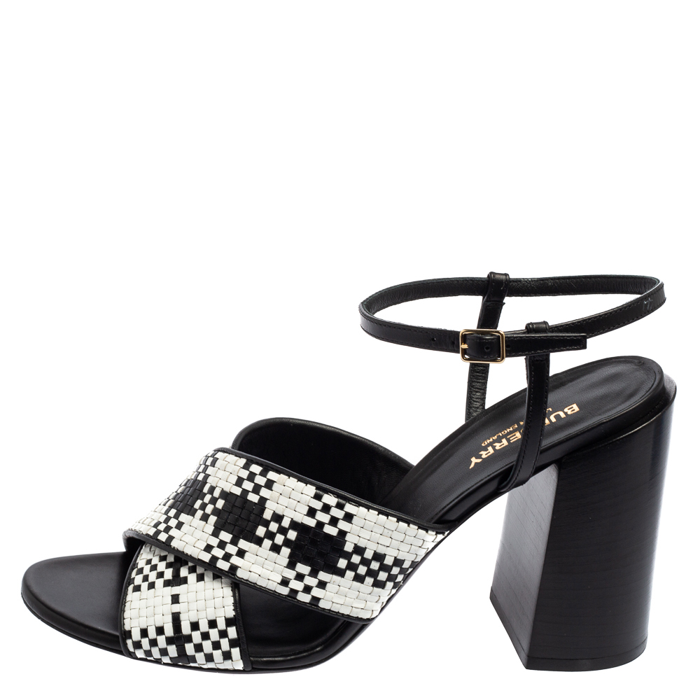 

Burberry Black/White Woven Leather Castlebar Ankle Strap Sandals Size