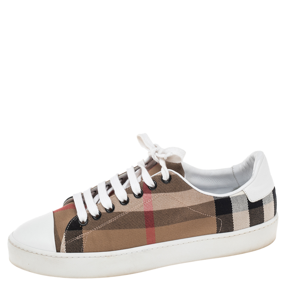 

Burberry White/Beige Nova Check Canvas And Leather Cap Toe Sneakers Size