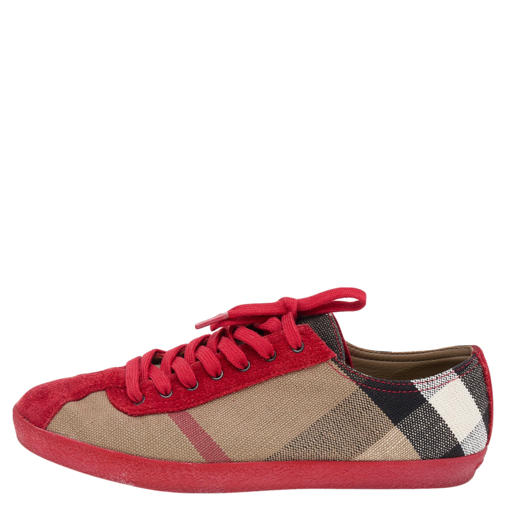 

Burberry Red/Beige Suede And Novacheck Canvas Low Top Sneakers Size