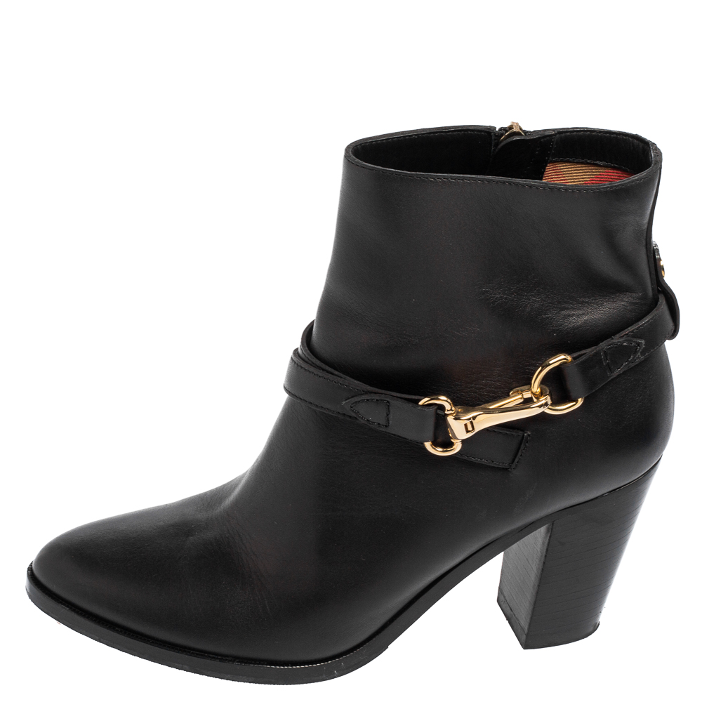 

Burberry Black Leather Bedford Buckle Ankle Boots Size