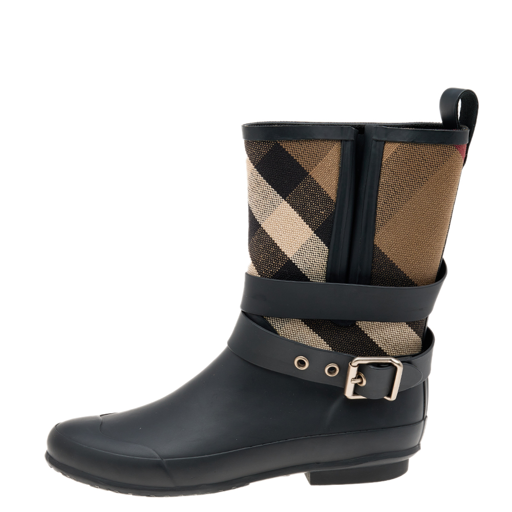 

Burberry Black/Beige Rubber And Nova Check Canvas Holloway Rain Boots Size