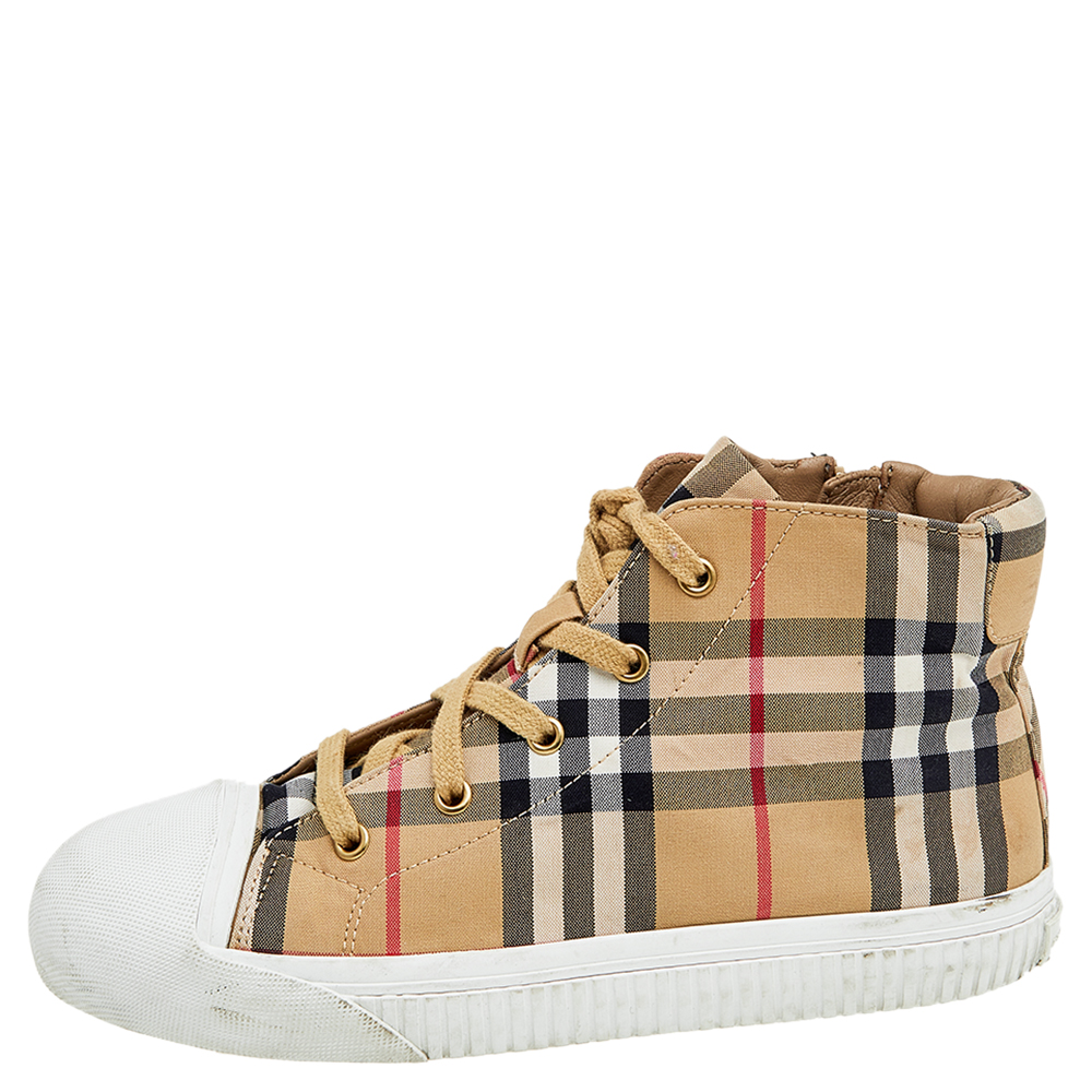 

Burberry Beige Nova Check Fabric And Leather High Top Sneakers Size