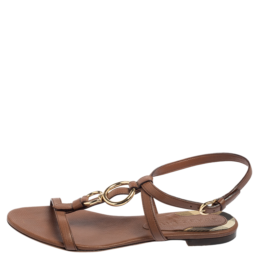 

Burberry Brown Leather Buckle Detail Thong Ankle-Strap Flat Sandals Size