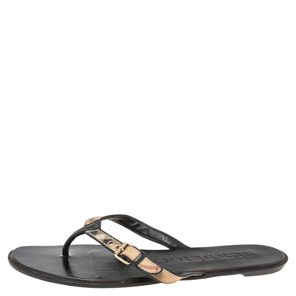 

Burberry Black Leather And Canvas Masie Belted Check Thong Sandals Size