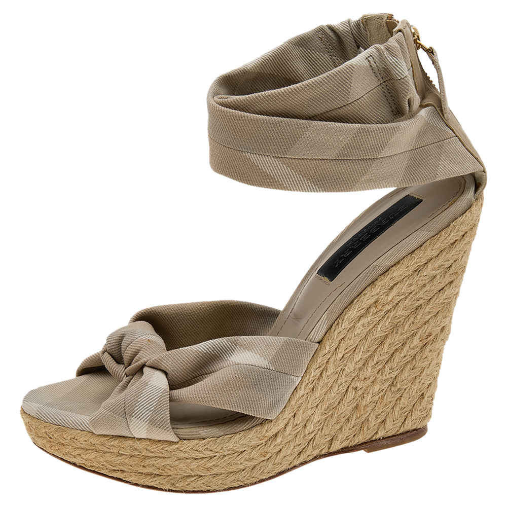 

Burberry Grey/White Leather And Nova Check Canvas Espadrille Wedge Ankle Strap Sandals Size