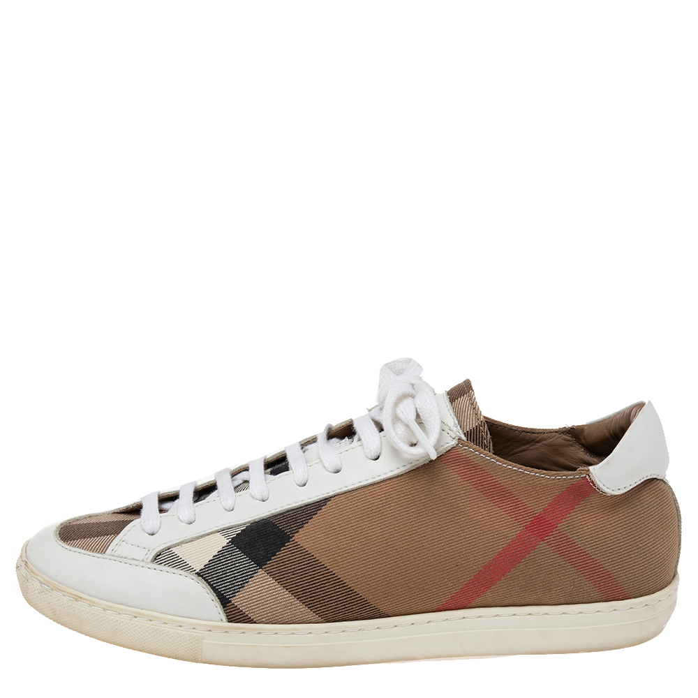

Burberry White/Brown Nova Check Canvas And White Leather Low Top Sneakers Size