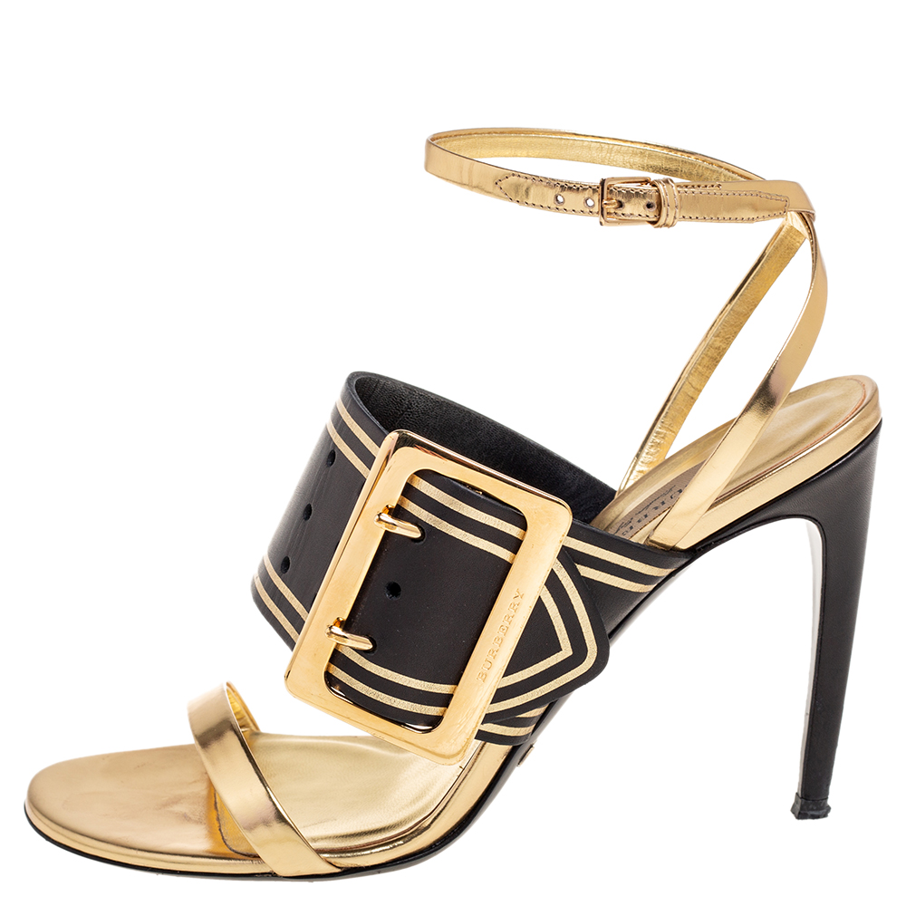 

Burberry Metallic Gold Leather Buckle Ankle Strap Sandals Size
