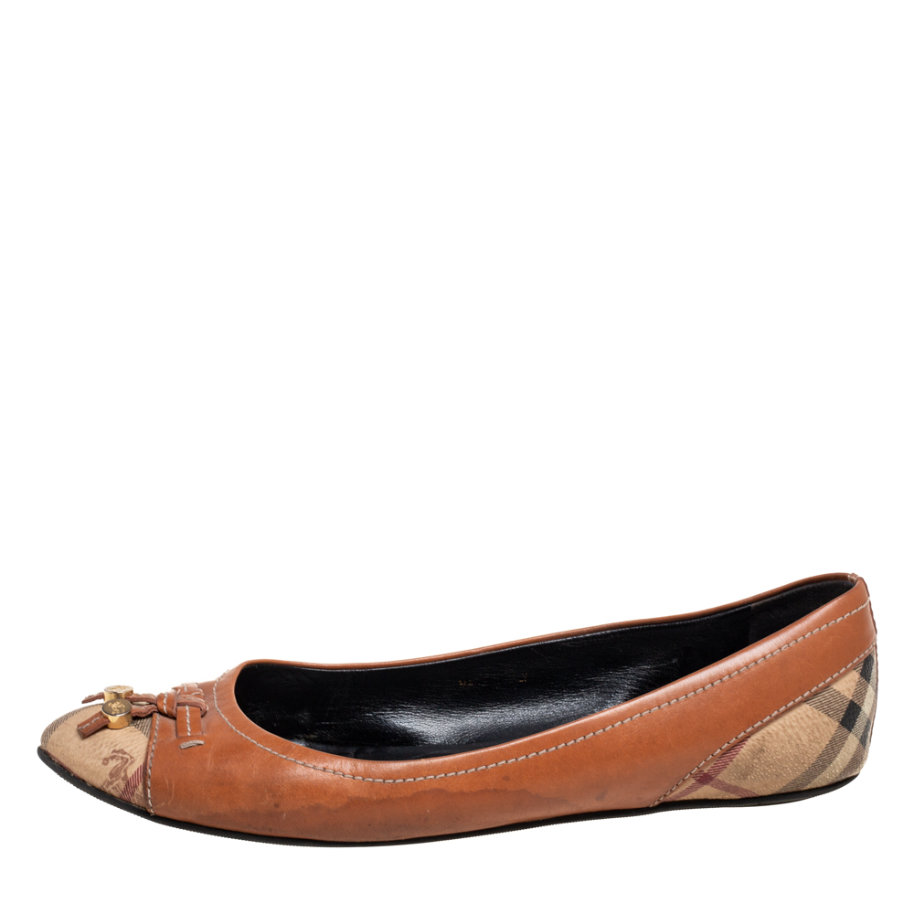 

Burberry Tan/Beige Leather and Haymarket Check Coated Canvas Bow Toe-Cap Ballet Flats Size