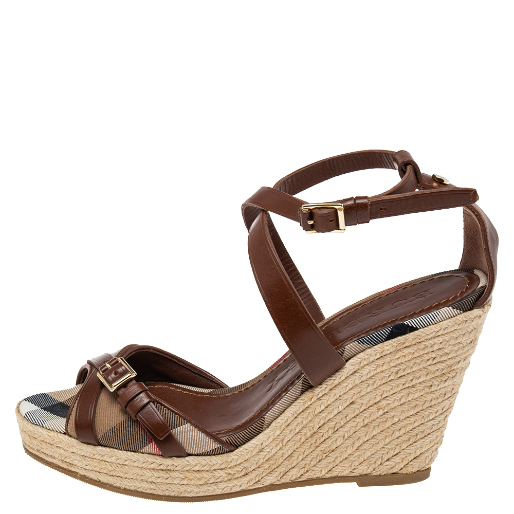 

Burberry Brown Leather and House Check Canvas Espadrille Wedge Ankle-Strap Sandals Size