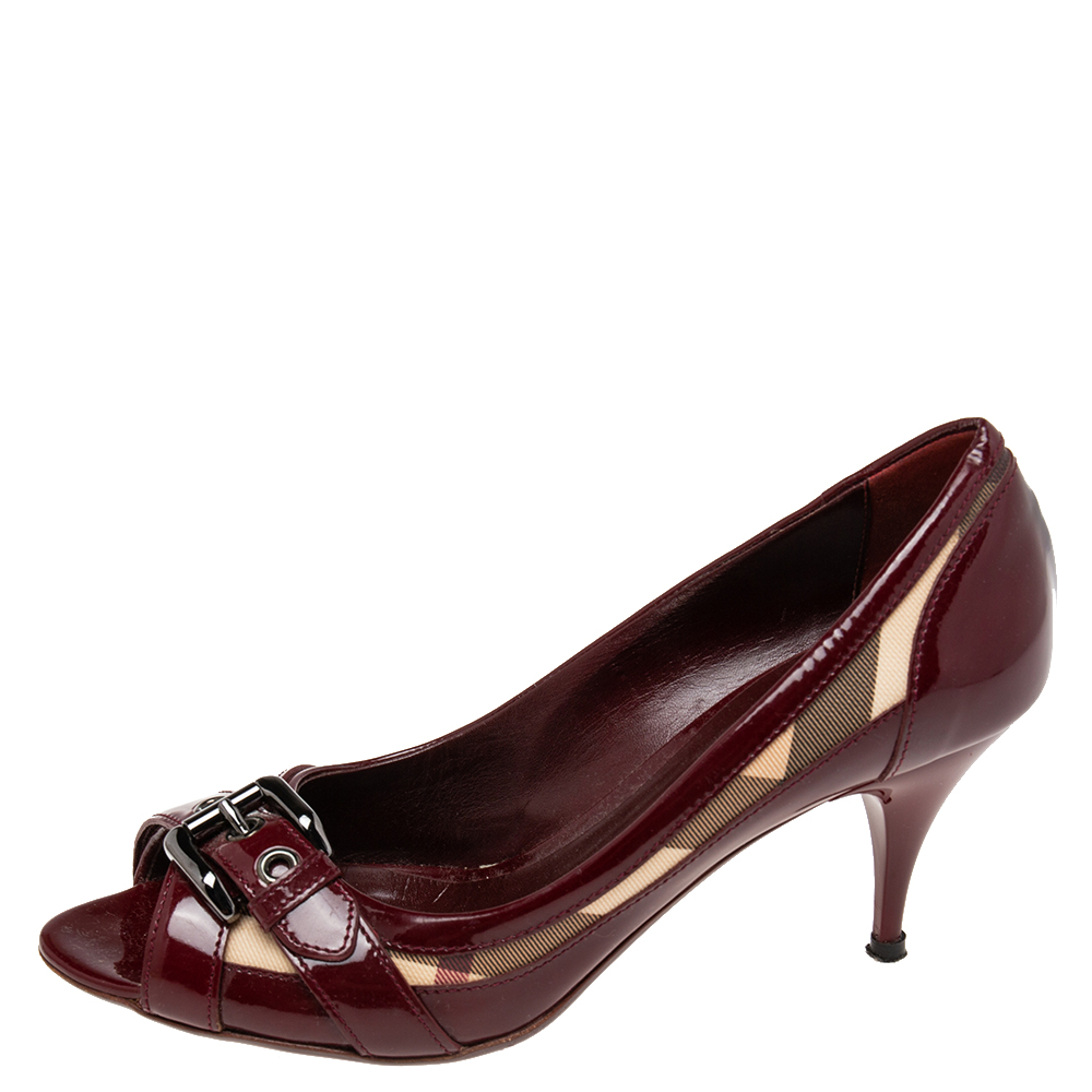 

Burberry Burgundy Patent Leather and Nova Check Coated Canvas Peep-Toe Pumps Size