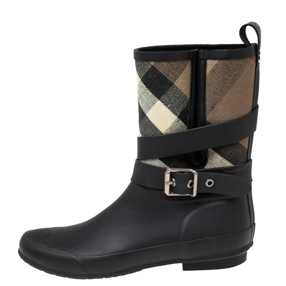 

Burberry Black/Beige Rubber And Nova Check Canvas Holloway Rain Boots Size