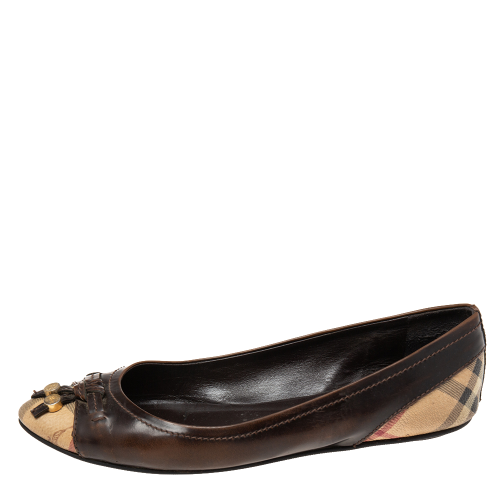 

Burberry Brown Leather And Haymarket Coated Canvas Bow Toe Cap Ballet Flats Size