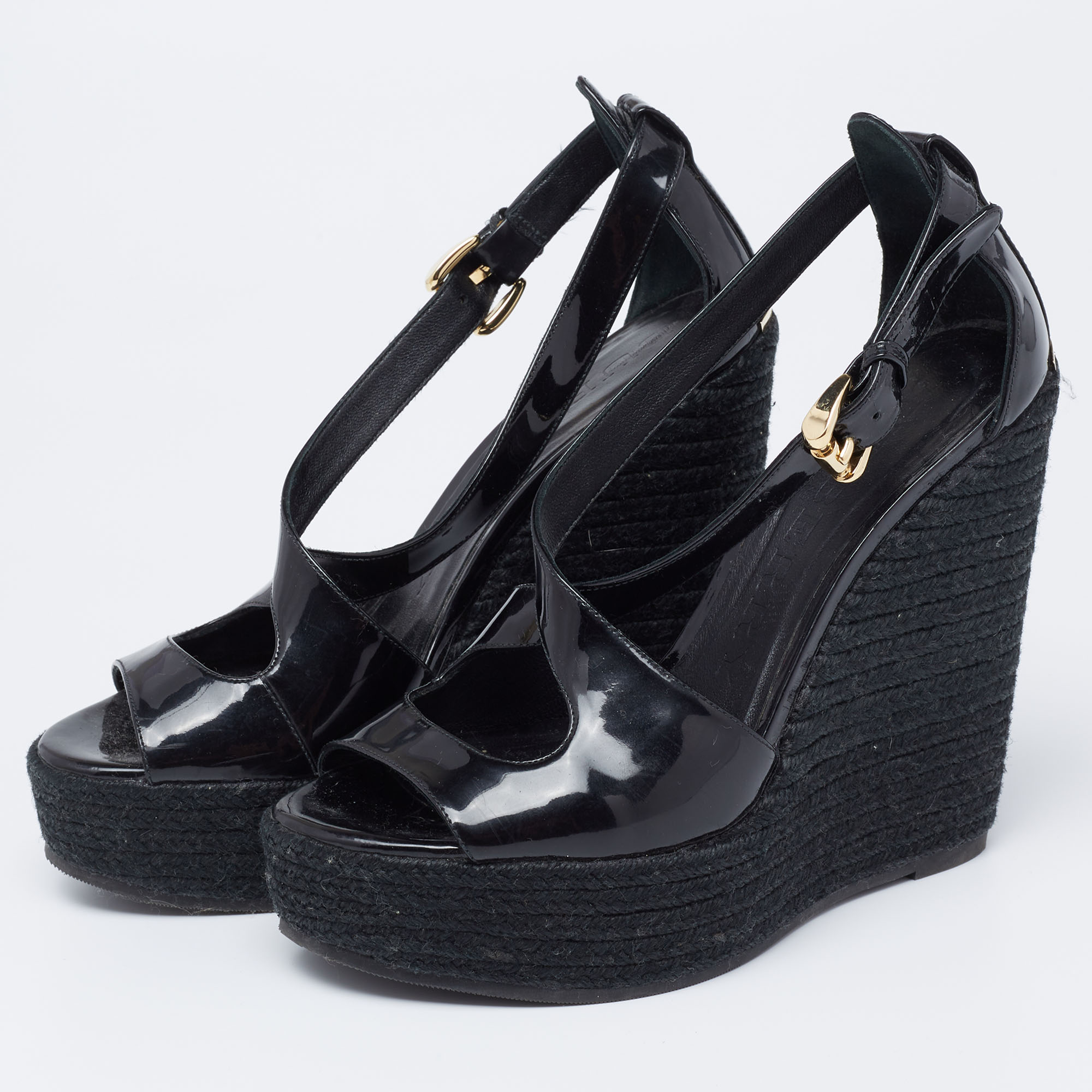 

Burberry Black Patent Leather Wedge Sandals Size