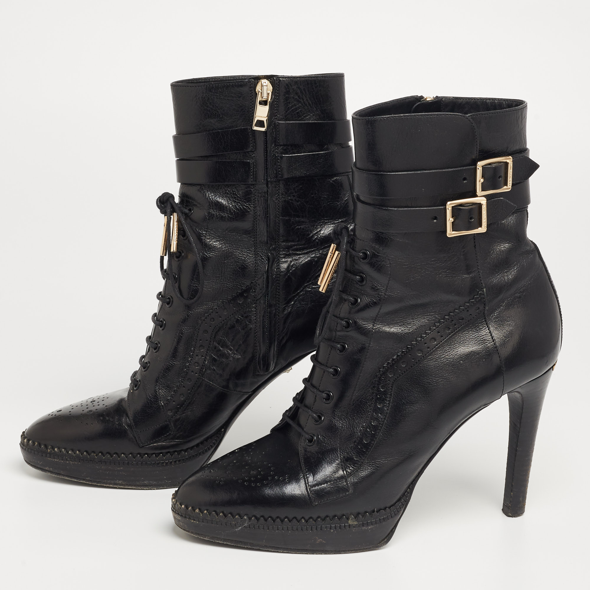 

Burberry Black Leather Brogue Ankle Length Boots Size
