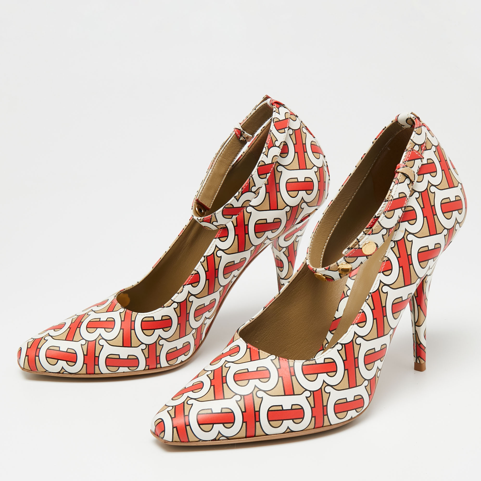 

Burberry Tri-Color TB Monogram Leather Ankle-Strap Pumps Size, Red