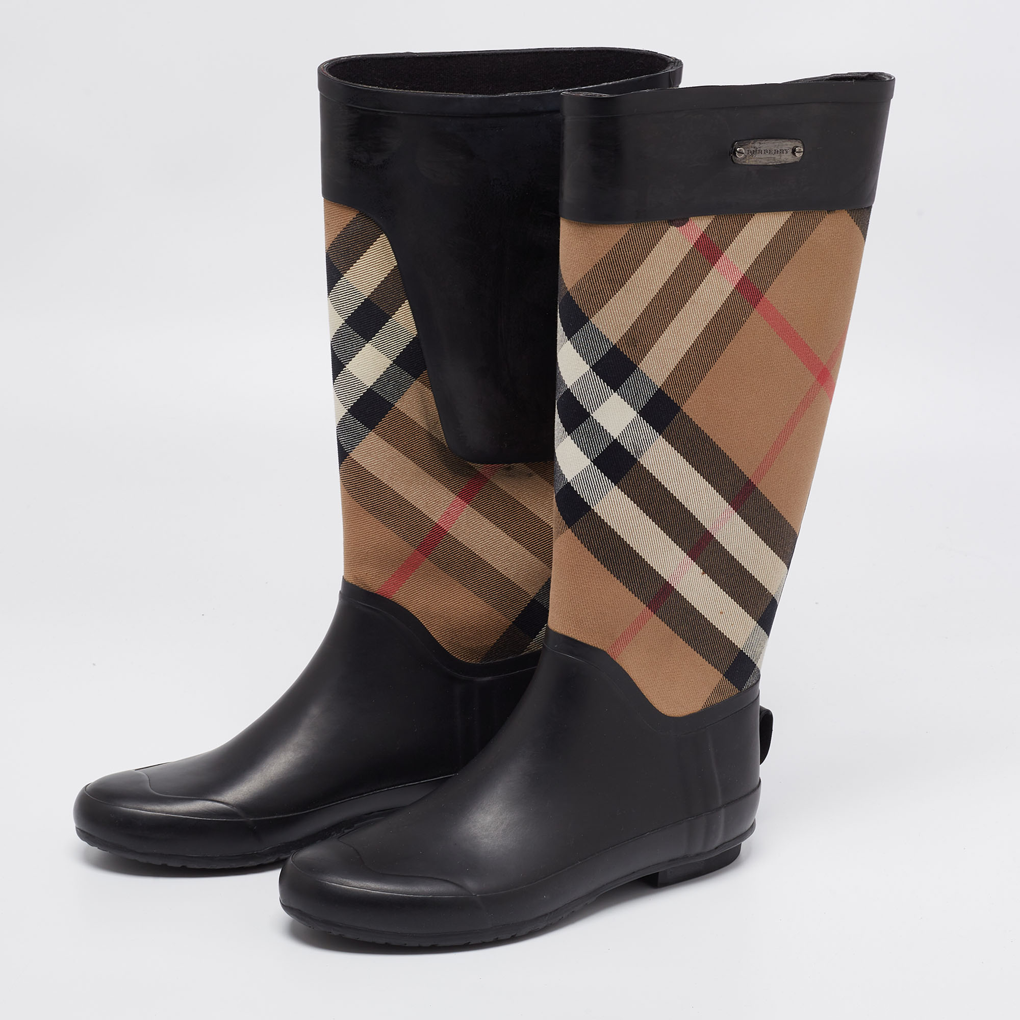 

Burberry Black/Beige House Check Canvas And Rubber Clemence Rain Boots Size