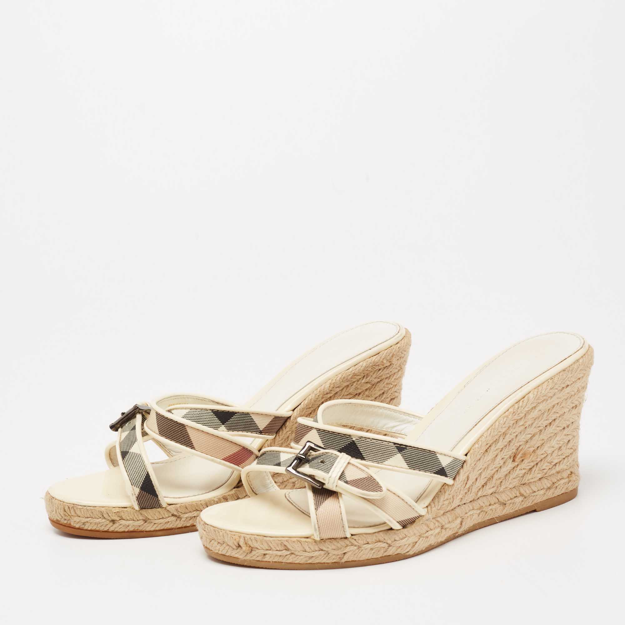 

Burberry Cream Nova Check Canvas And Patent Leather Criss Cross Espadrille Wedge Sandals Size