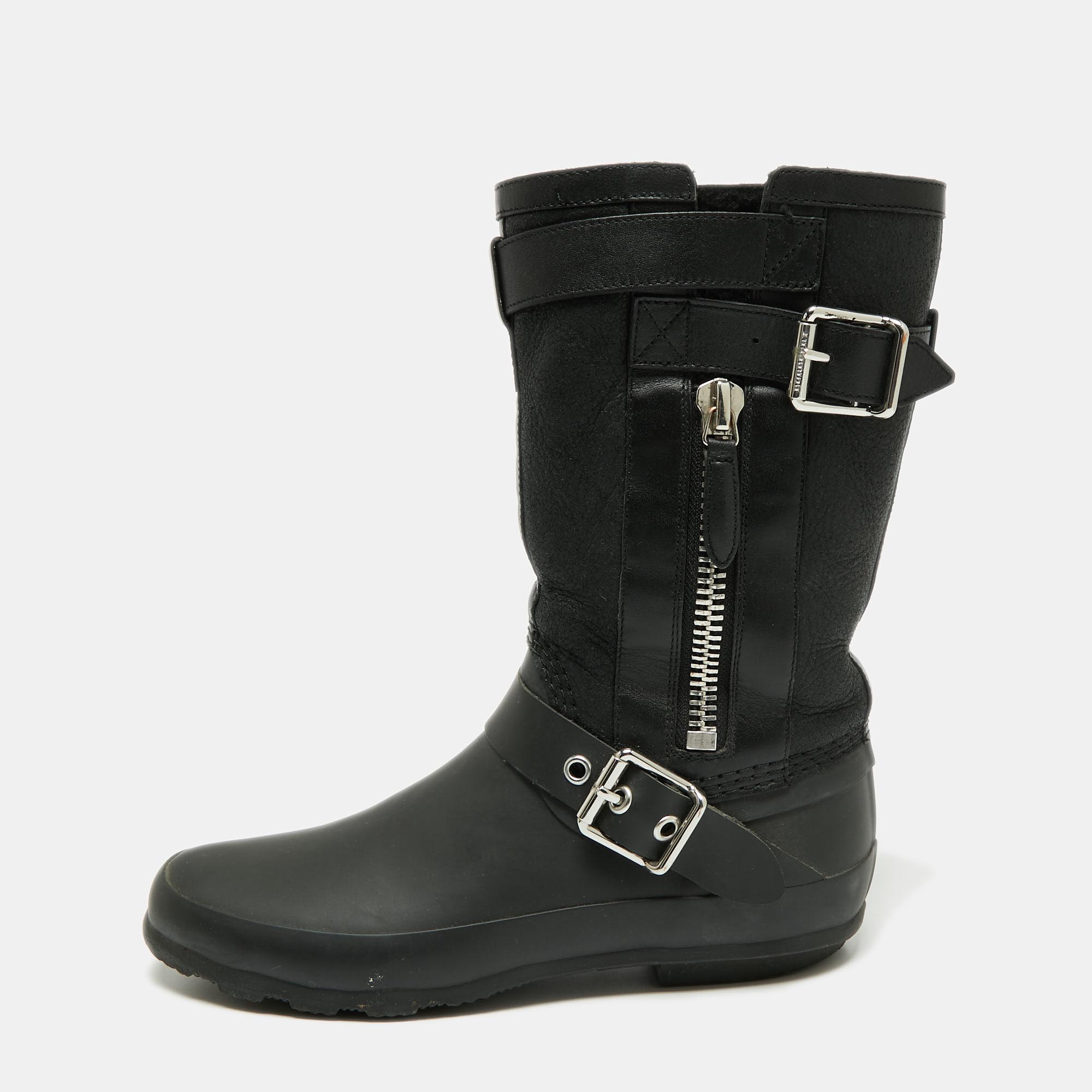 

Burberry Black Claredon Rubber and Shearling Midcalf Boots Size