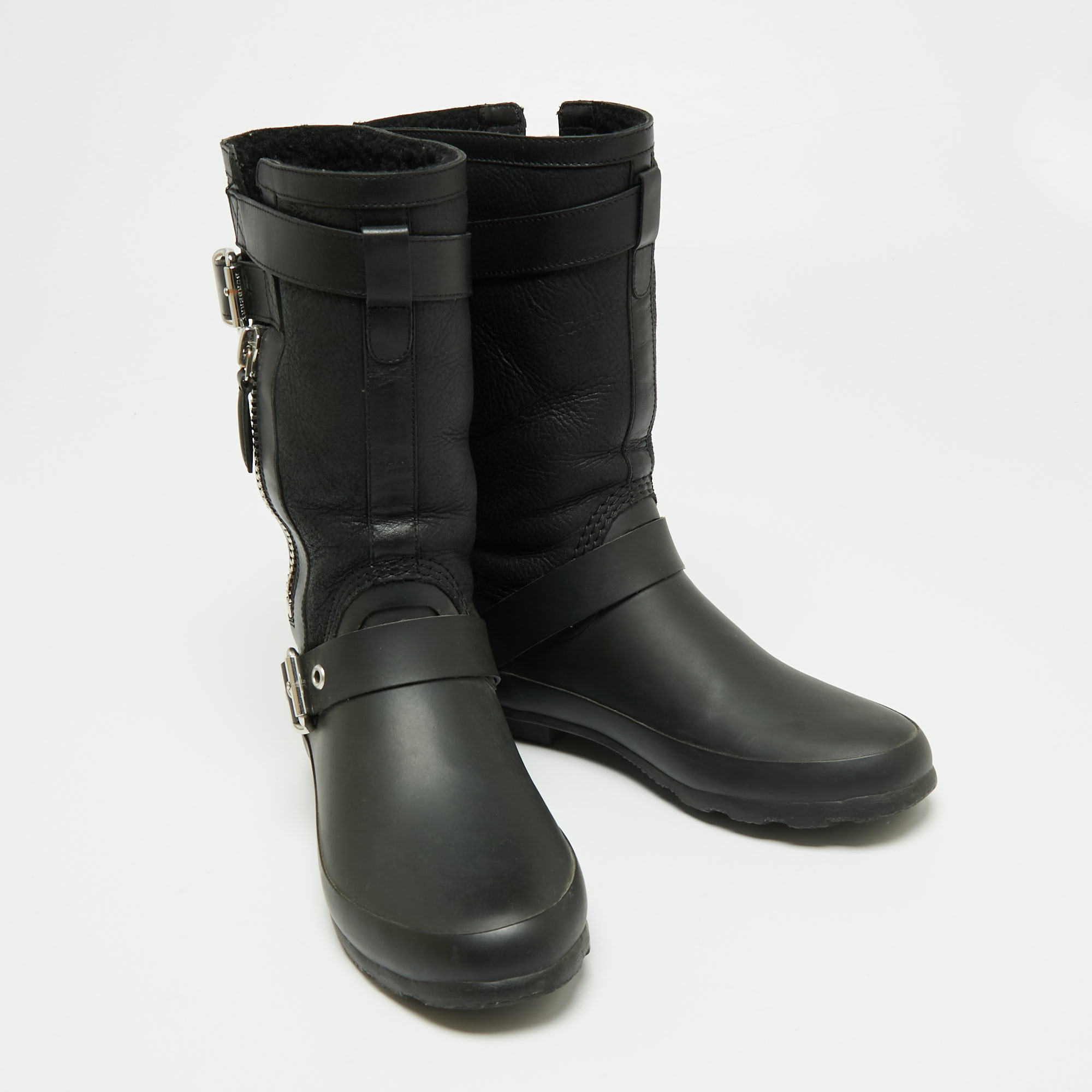 Burberry Black Claredon Rubber and Shearling Midcalf Boots Size 36 