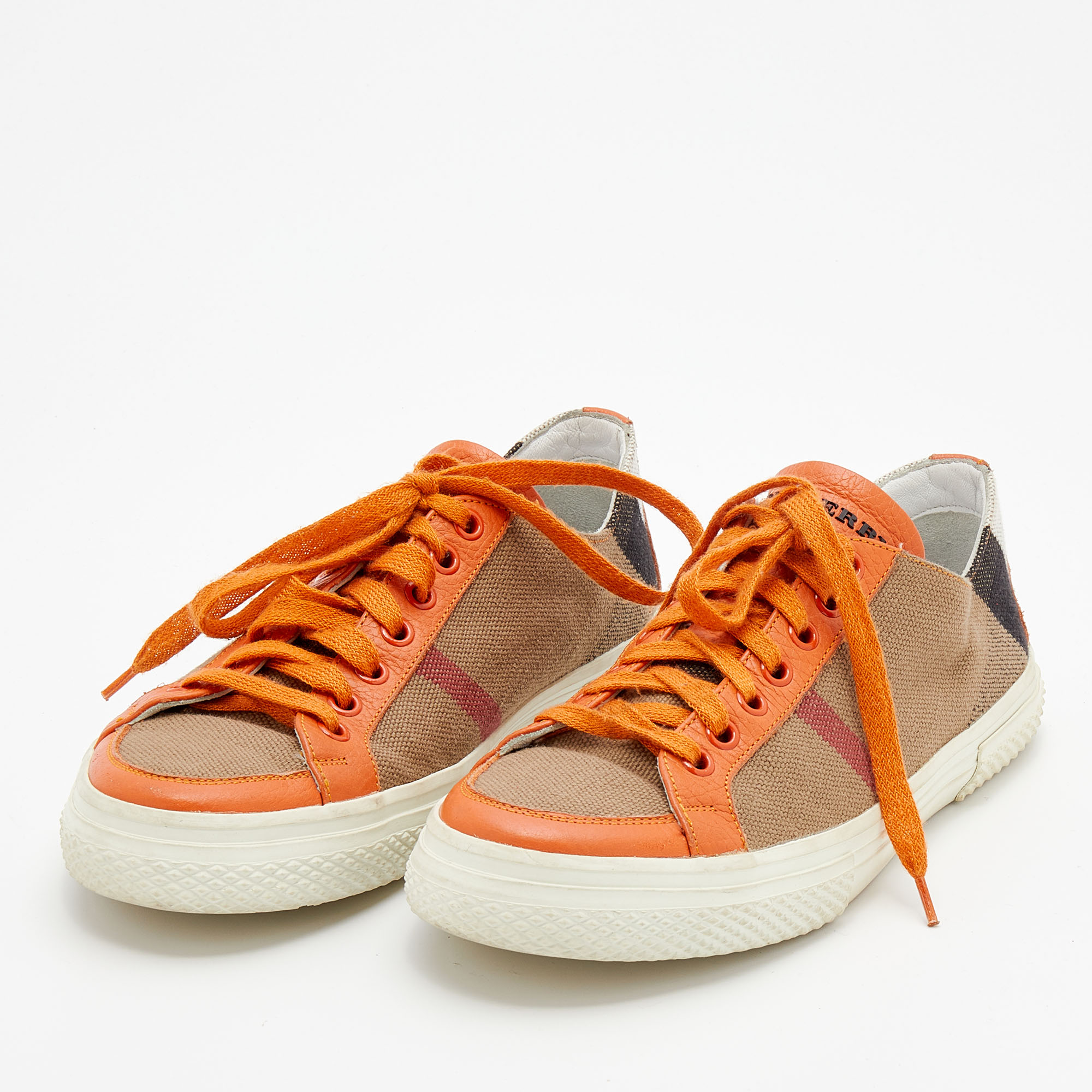 

Burberry Beige/Orange House Check Canvas and Leather Low Top Sneakers Size