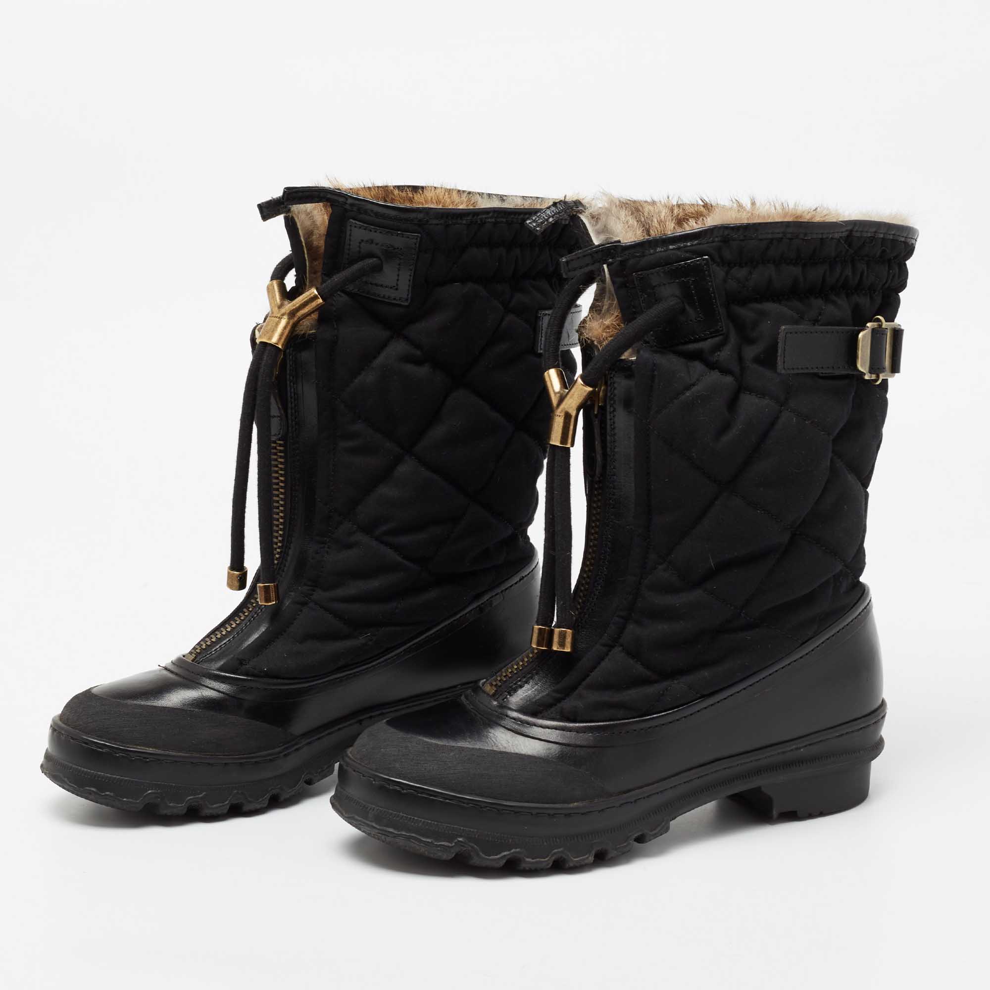 

Burberry Black Leather and Nylon Fur Lined Mid Calf Boots Size