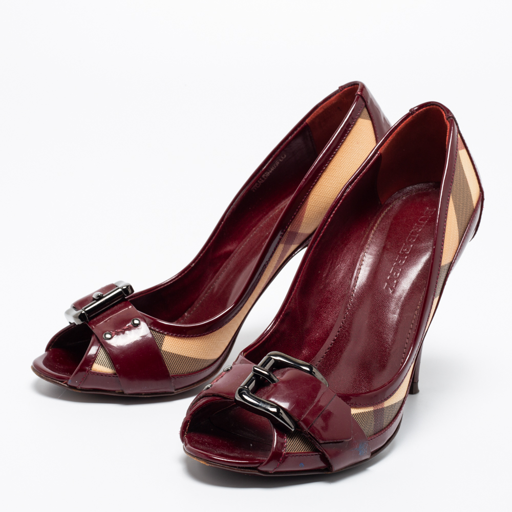 

Burberry Burgundy/Beige Nova Check Coated Canvas And Patent Leather Buckle Peep Toe Pumps Size
