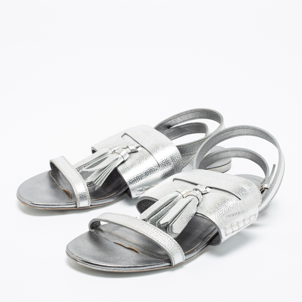 Burberry Metallic Silver Leather Bethany Tassel Detail Flat Sandals Size 40  - buy with discount