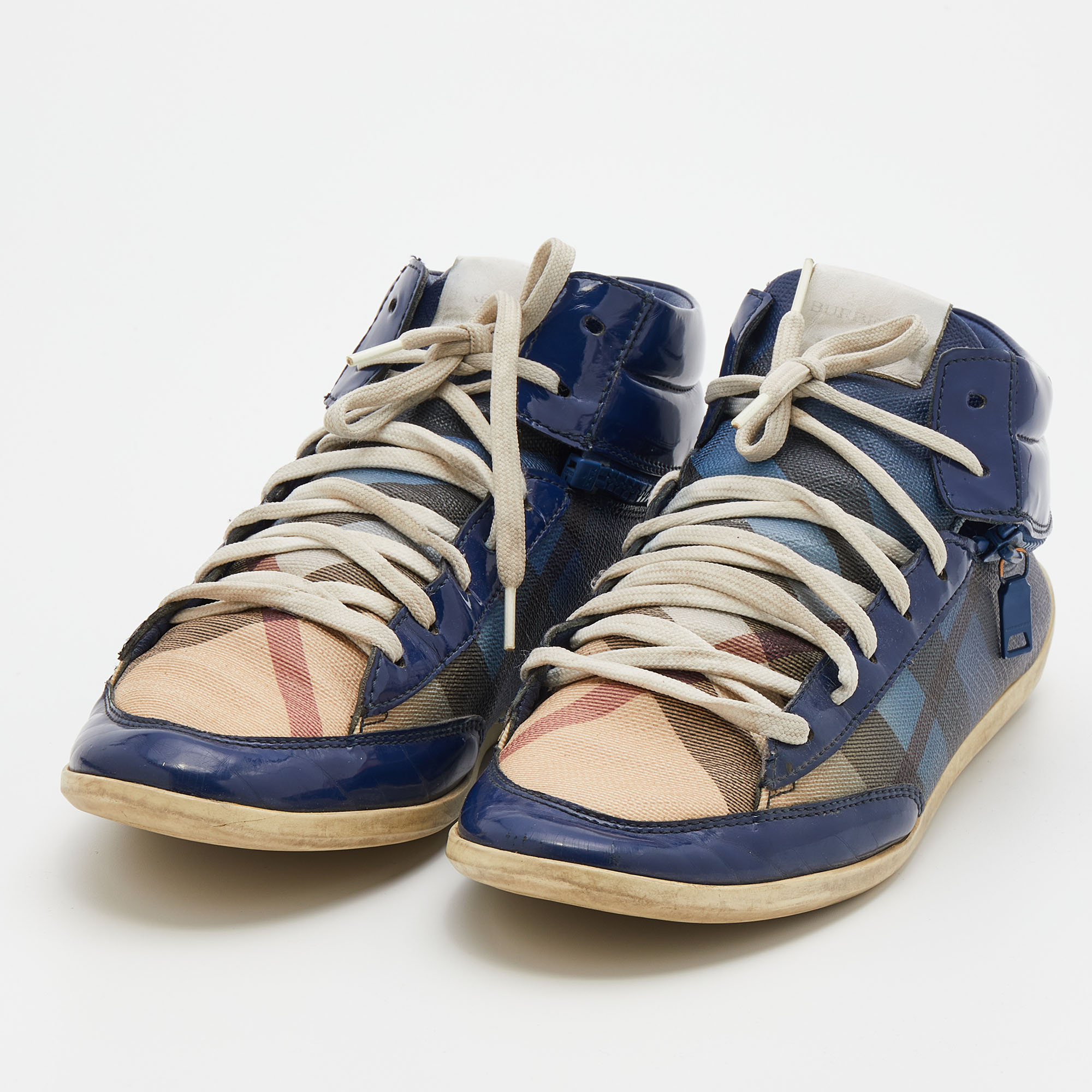 

Burberry Blue/Beige Ombre Nova Check Coated Canvas And Patent Leather High Top Sneakers Size
