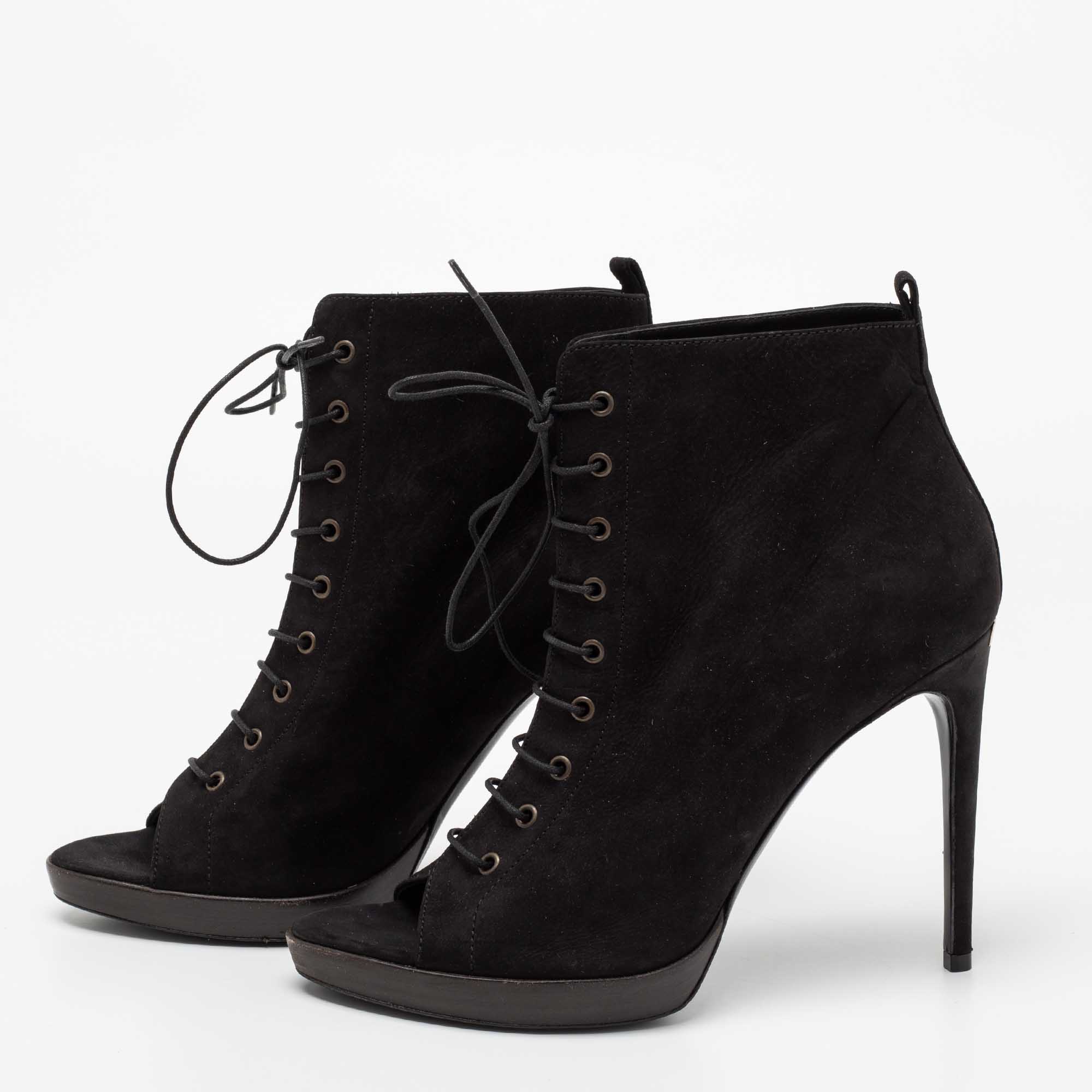 

Burberry Black Suede Open Toe Lace Up Booties Size