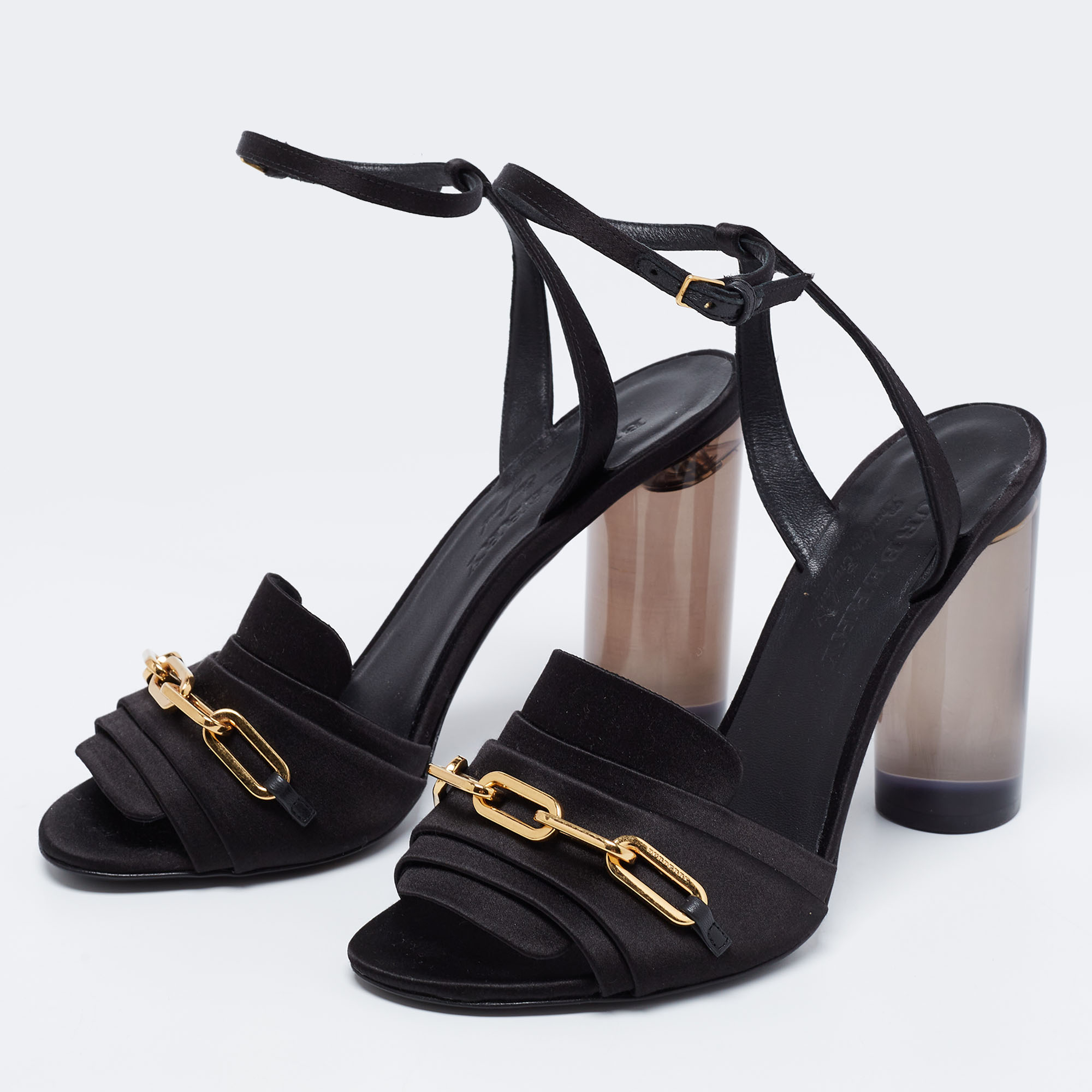 

Burberry Black Satin Perspex Ankle Strap Block Heel Sandals Size