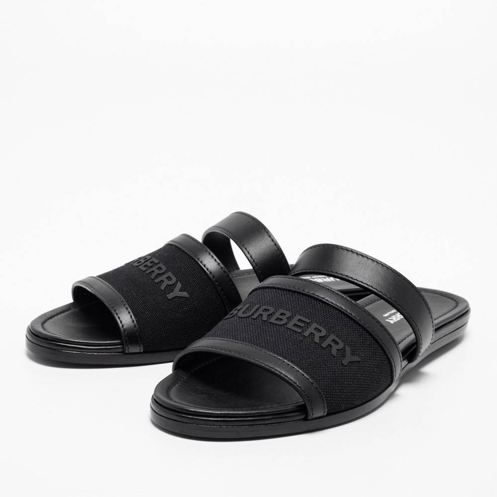 

Burberry Black Logo Print Canvas And Leather Trim Slide Sandals Size