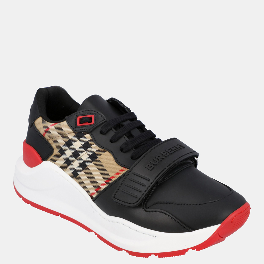 

Burberry Black/Beige/Red Check Cotton, Nylon and Leather Sneakers EU