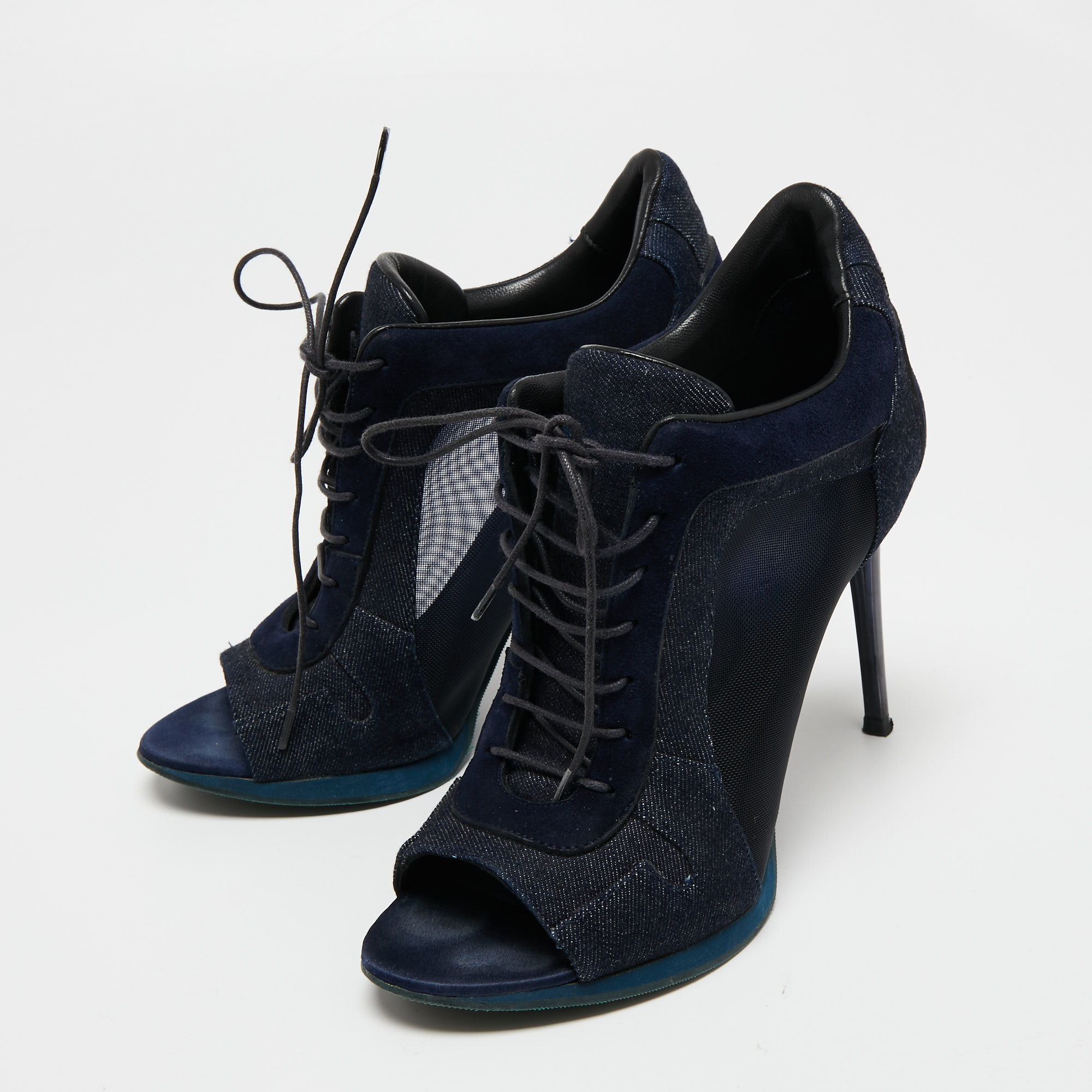 

Burberry Navy Blue Denim And Mesh Lace Up Peep Toe Ankle Booties Size
